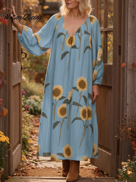Sunflower Print Soft V-neck Cotton Midi Dress