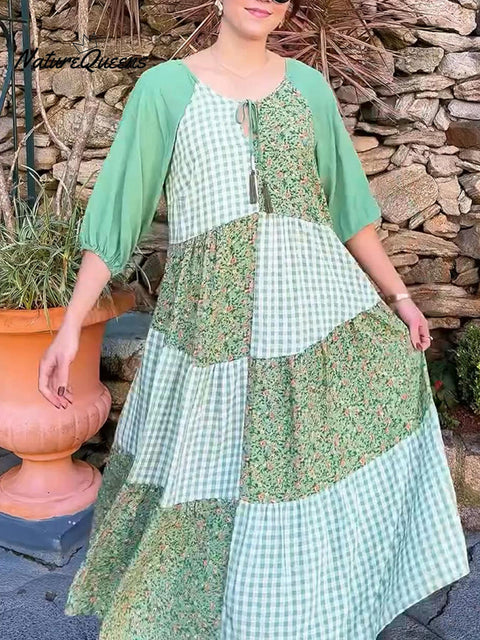 Women's Floral Print Plaid Patchwork Cotton Dress