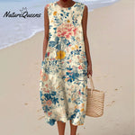 Women's Vintage Flowers Art Print Sleeveless Cotton Pocket Wrap Dress