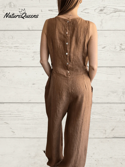 Casual Back Button Tie Linen Solid Color Jumpsuit