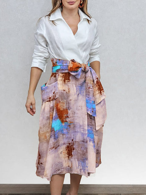 Women's Watercolor Brushstroke Print Bowknot Linen Skirt