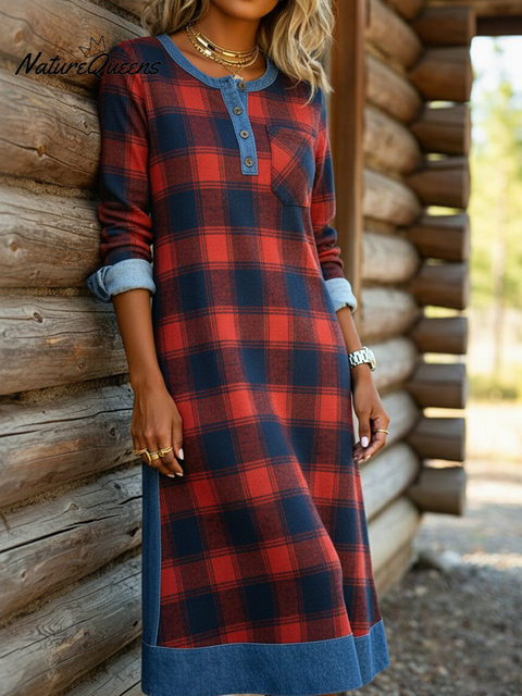 Denim Patchwork Plaid Print Henley Collar Midi Dress