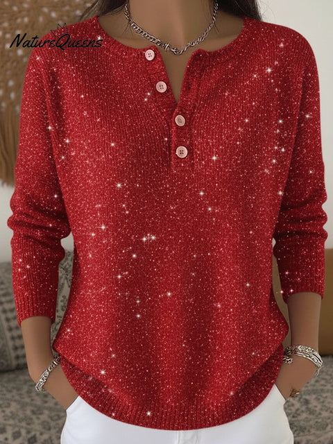 Women's Shiny Henley Neck Solid Color Sweater Top