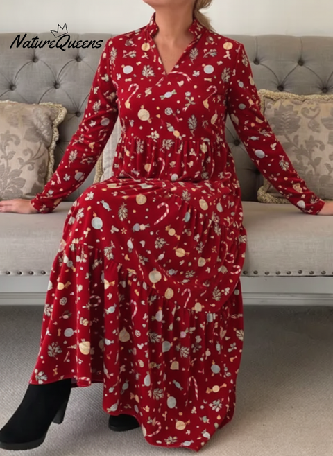 Women's Cute Candy Print Velvet V-neck Midi Dress