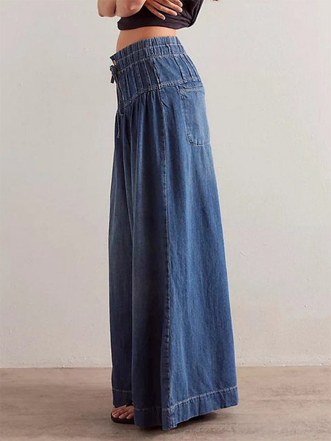 Pleated Lace-up Loose Wide-leg Jeans