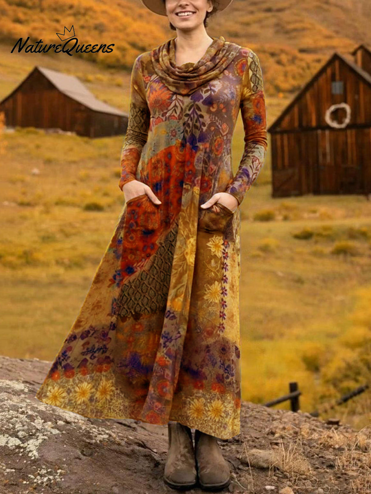 Women's Boho Boat-Shaped Collar Floral Print Stretch Dress