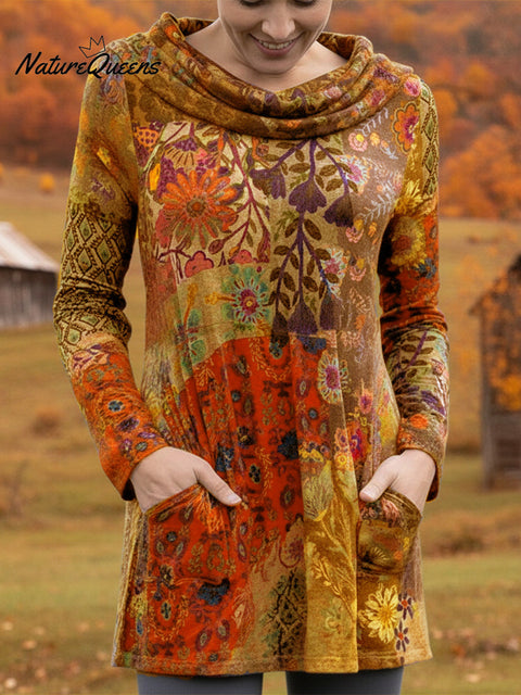 Women's Boho Boat-Shaped Collar Floral Print Stretch Top