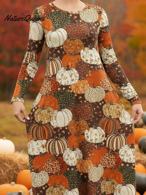 Women's Cute Pumpkin Patchwork Print Stretch Dress