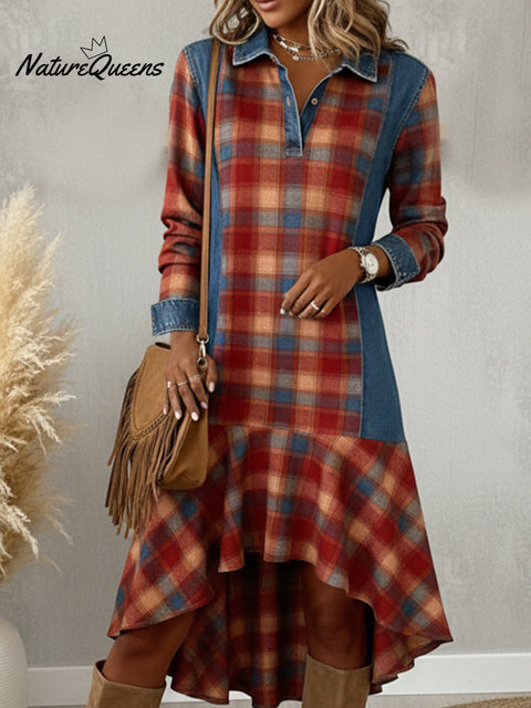 Denim Patchwork Plaid Print Ruffle Hem Midi Dress