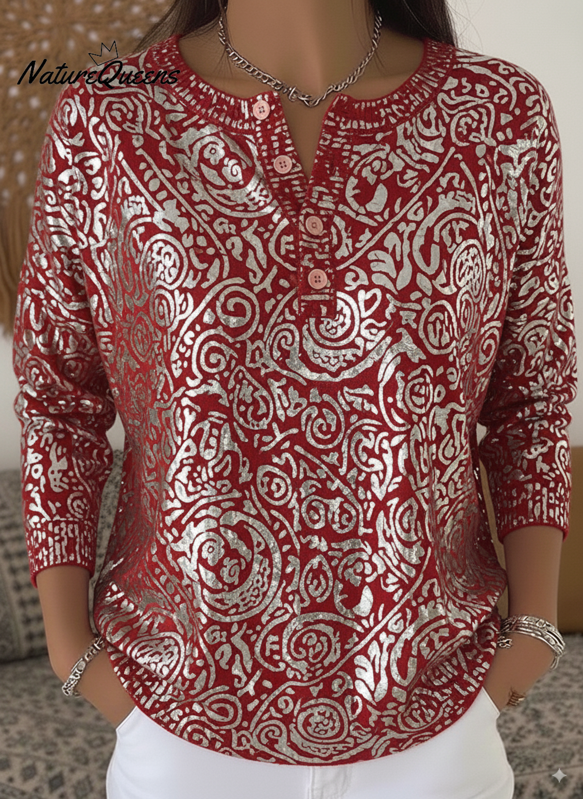 Vintage Totem Print Henley Neck Sweater Top