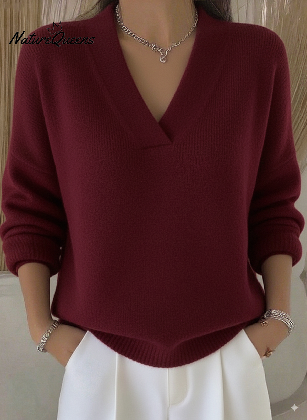 Women's Casual Solid Color V-neck Sweater Top