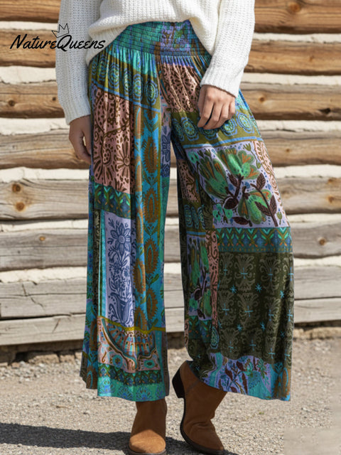 Cozy Boho Floral Print Tummy Control Knit Wide-Leg Pants