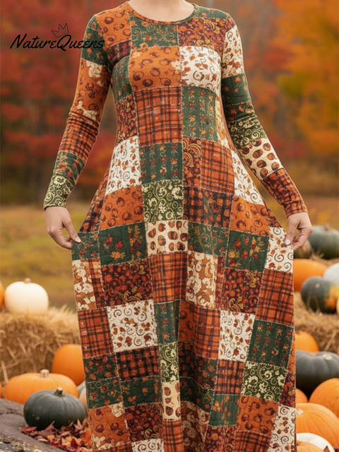 Women's Pumpkin Jigsaw Print Stretch Dress