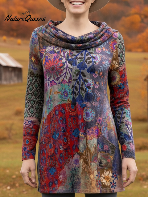 Women's Boho Boat-Shaped Collar Floral Print Stretch Top