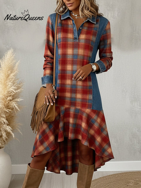 Denim Patchwork Plaid Print Ruffle Hem Midi Dress
