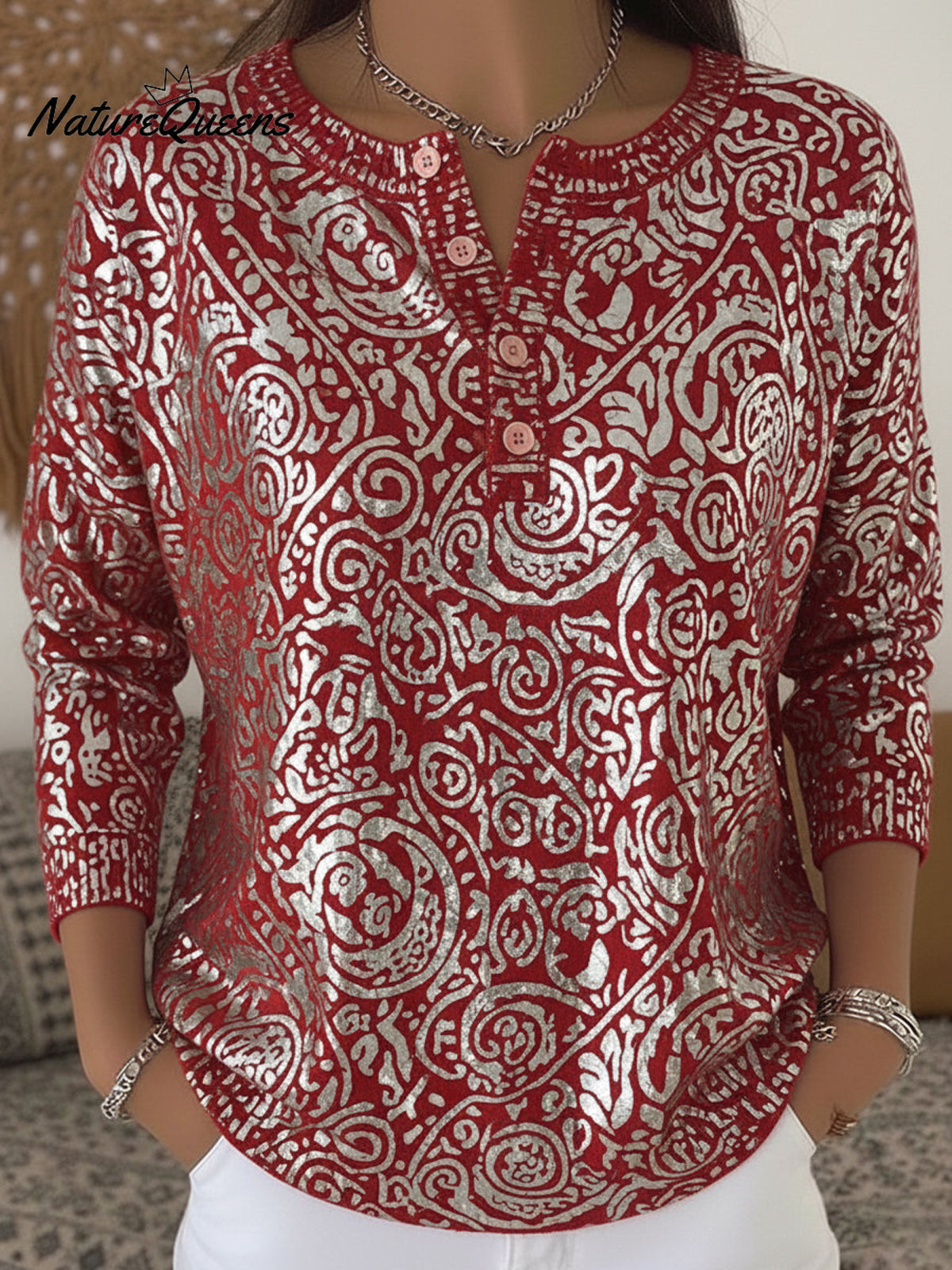 Vintage Totem Print Henley Neck Sweater Top