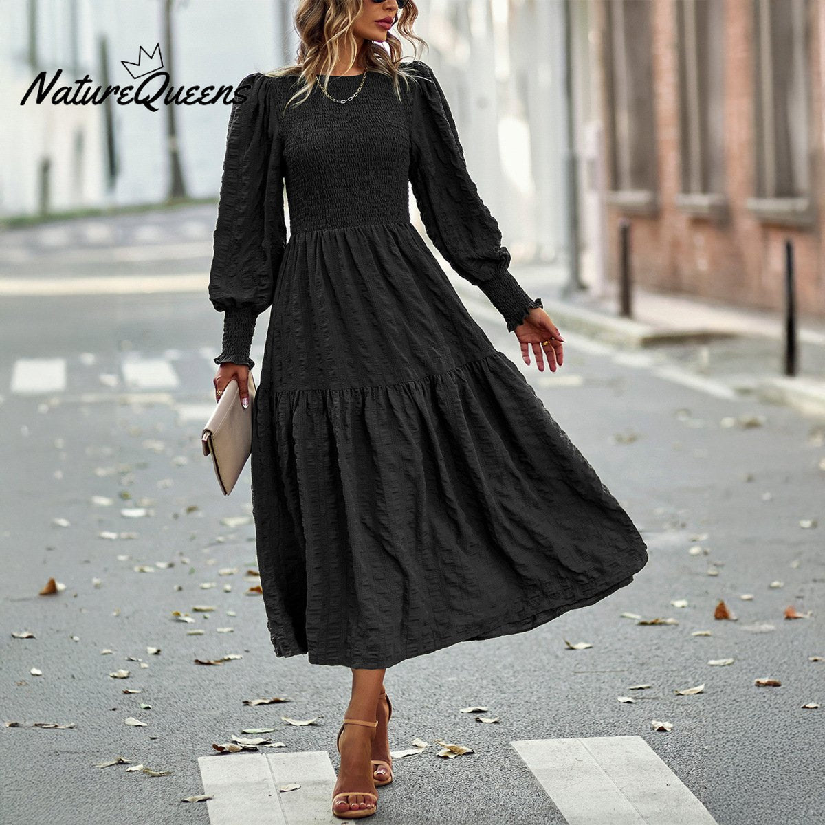 New Women's Elegant High Waist Long Sleeve Midi Dress