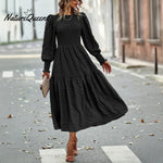 New Women's Elegant High Waist Long Sleeve Midi Dress