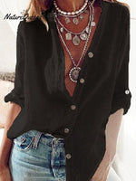 Ladies Cotton Linen Solid Color Pull-Sleeve Loose V-Neck Long-Sleeve Shirt