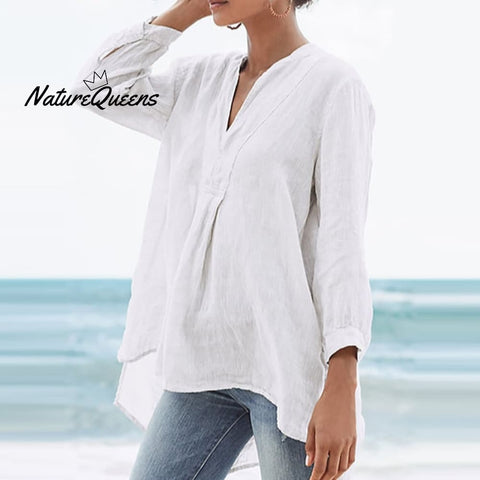 Ladies Casual Simple Style Cotton Linen Shirt White / S