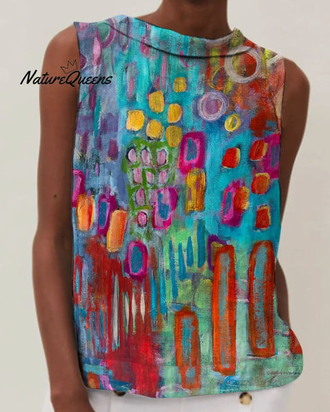 Retro Abstract Geometric Print Round Neck Sleeveless Top