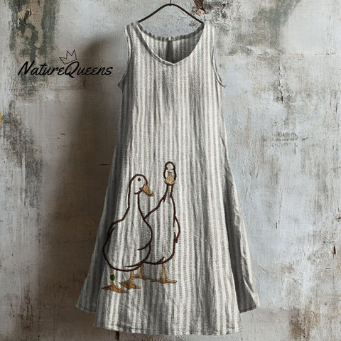Lovely Ducks Embroidered Striped Linen Tank Dress