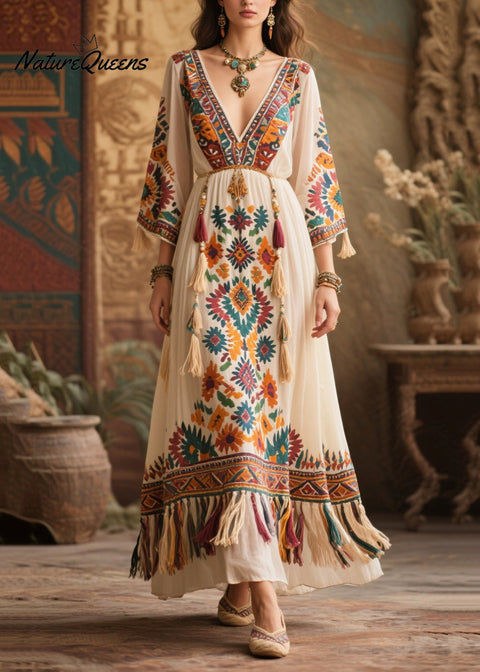 White Print Chiffon Maxi Dresses Tasseled Bracelet Sleeve