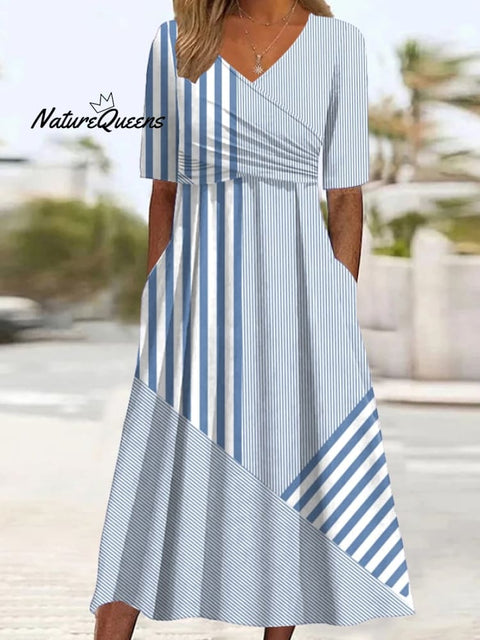 Women's Holiday Casual V-Neck Short Sleeve Contrast Striped Print Dress