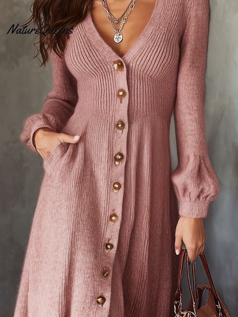 Retro V-neck Button Pockets Mohair Knitted Midi Dress