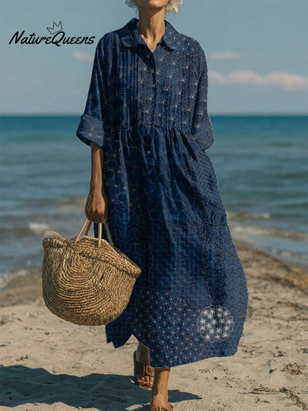 Women's Casual Cotton-Linen Peter Pan Collar 3/4 Sleeve Dress