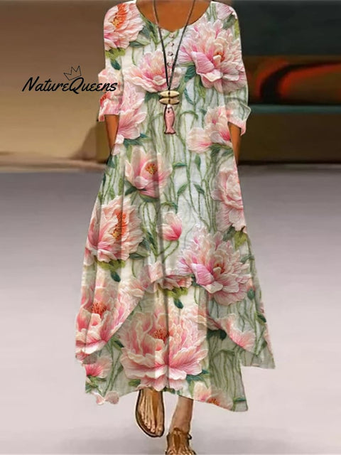 Women's Casual Loose Fit Peony Floral Embroidery Print Dress