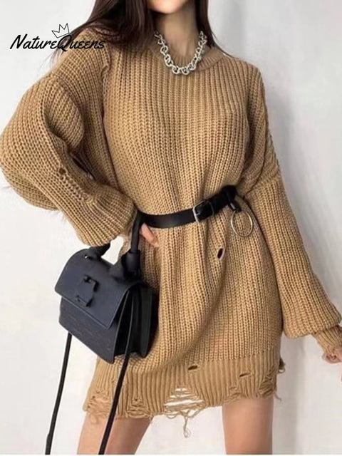 Women's Stylish Solid Color Round Neck Long Sleeve Hem Ripped Loose Sweater
