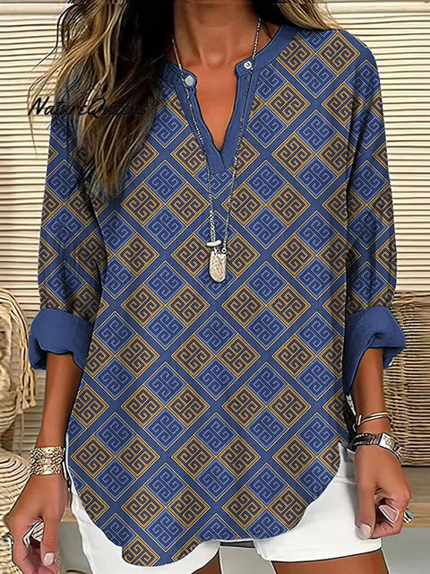 Greek Key Print V-neck Linen Blend Blouse