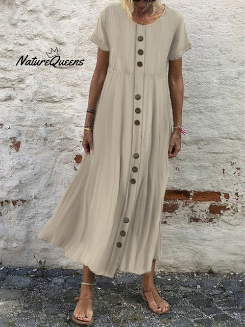 Women's Solid Color Round Neck Button Dress