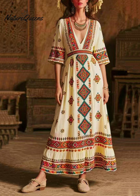 Italian White V Neck Print Chiffon Maxi Dress Half Sleeve