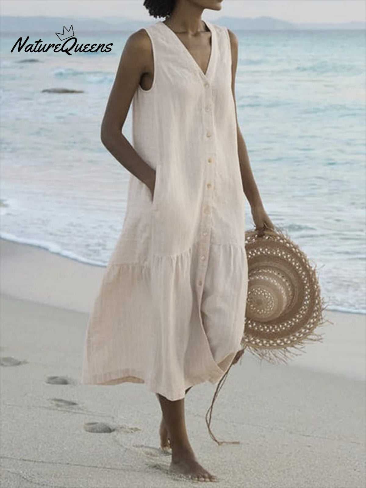 Women's Solid V-neck Vintage Cotton Blend Dress