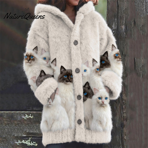 Classy Fuzzy Cats Art Cozy Knit Hooded Cardigan