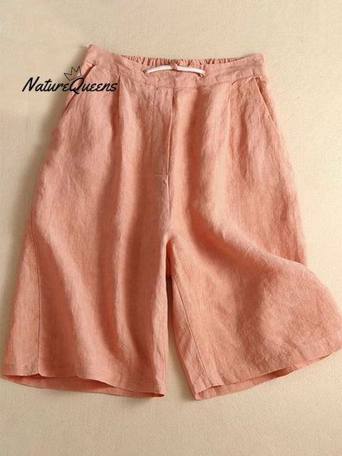 Loose Casual Cotton Linen Wide Leg Capris Pink / S