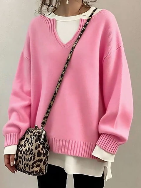 Women's Casual V-Neck Long-Sleeved Solid Color Sweater