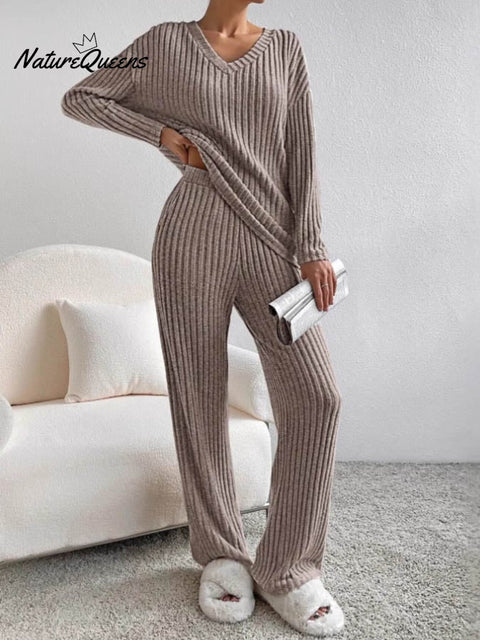 Women'S Casual Round Neck Stitching Contrast Color Sweatshirt Pants Two-Piece Set