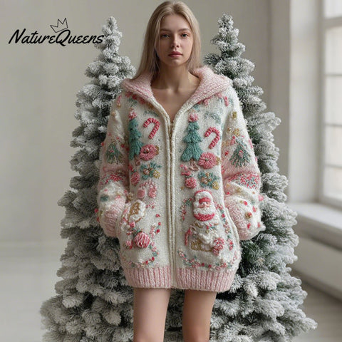 Women's Christmas Candy Embroidery Zip-up Hooded Sweater