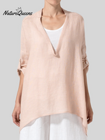 Women's Solid Color Deep V Neck Roll Sleeve Shirt