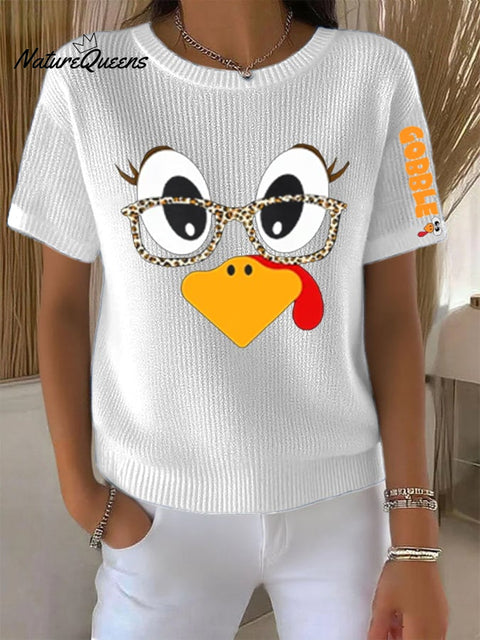 Women's Retro Thanksgiving Turkey Print Round Neck T-Shirt