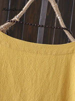 Women’s Solid Color Cotton And Linen Round Neck Button Short Sleeve Irregular Slit At Hem Blouse