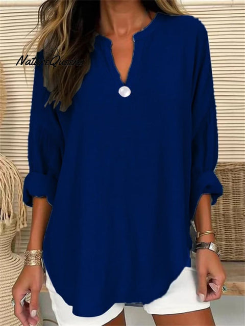 Women’s Retro Casual V - Neck Solid Color One - Button Top Navy / S