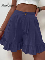 Women Summer Cotton Casual Plain Natural Ruffled Shorts Purplish Blue / S(4)