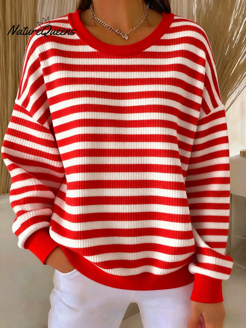 Women's Classic Stripe Print Knit Crew Neck Long Sleeve Top