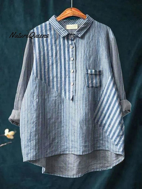 Women's Casual Cotton And Linen Striped Long-Sleeved Shirt