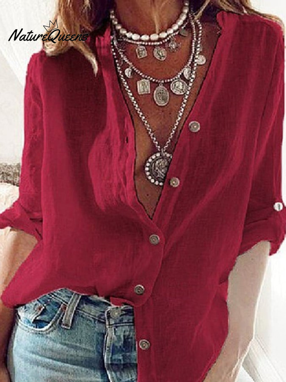 Ladies Cotton Linen Solid Color Pull-Sleeve Loose V-Neck Long-Sleeve Shirt