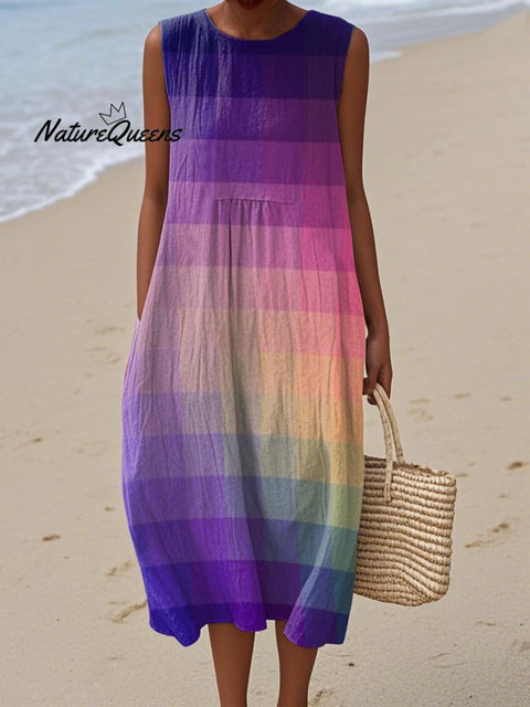 Women's Retro Colorful Plaid Print Cotton and Linen Dress